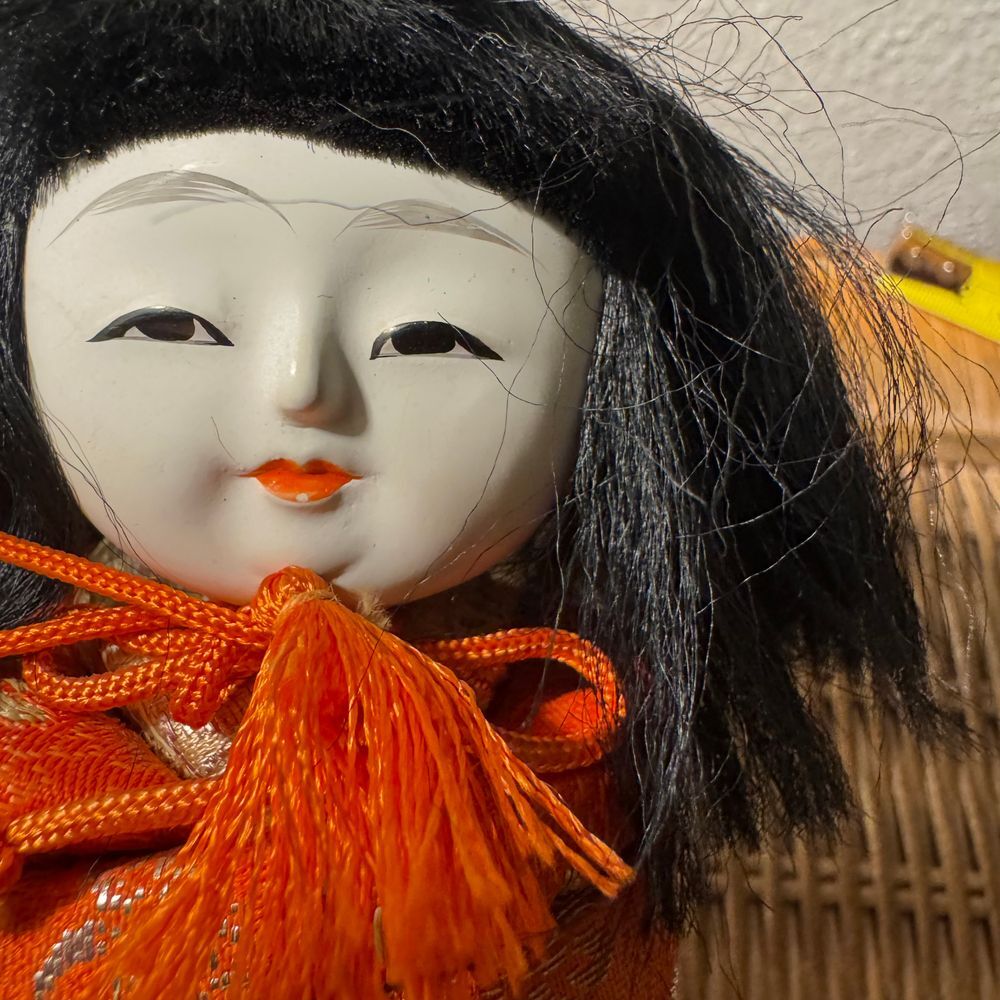 Vintage Japanese Kimekomi Doll Traditional Orange Kimono‎ Accents 7 inch 70's - Picture 7 of 15